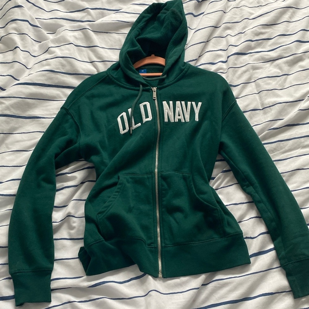 dark green old navy jacket with silver zipper